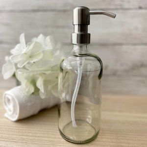 SET OF 2: 16 OZ. GLASS SOAP DISPENSER W/ METAL PUMP (CLEAR GLASS/SILVER …